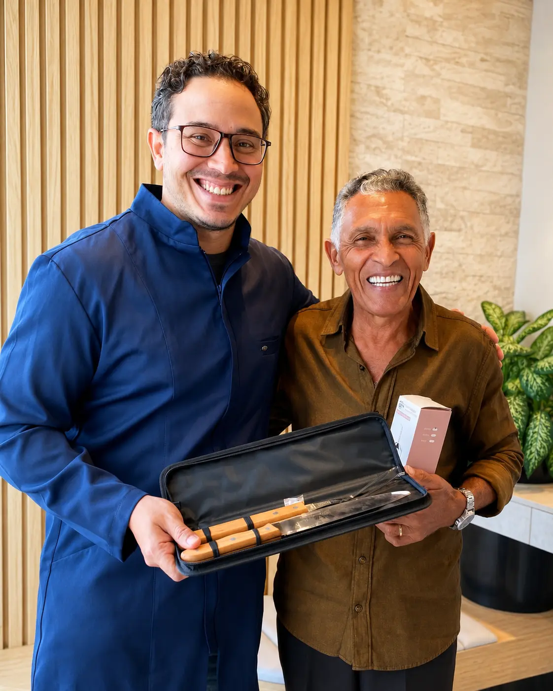 Paciente e equipe da Clínica Alta Vitória sorrindo juntos